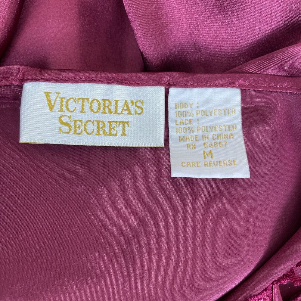 Y2K Victoria’s Secret Gold Label M Long Sexy Nightgown Cranberry Satin Lace Slit - Picture 4 of 11